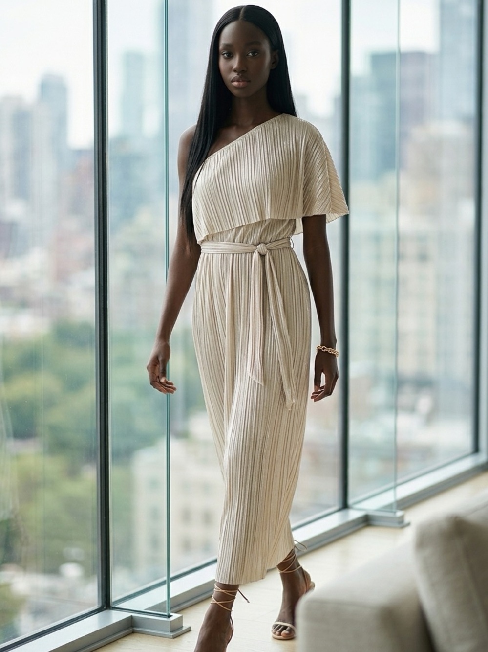 Express One-Shoulder Pleated Midi Dress in Cream